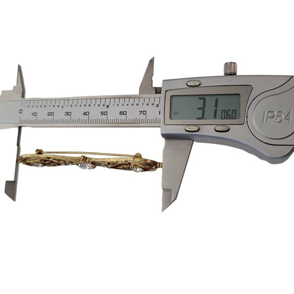 1928 Brand Gold Tone Clear Rhinestone Bar Brooch Pin E883 - Picture 7 of 8